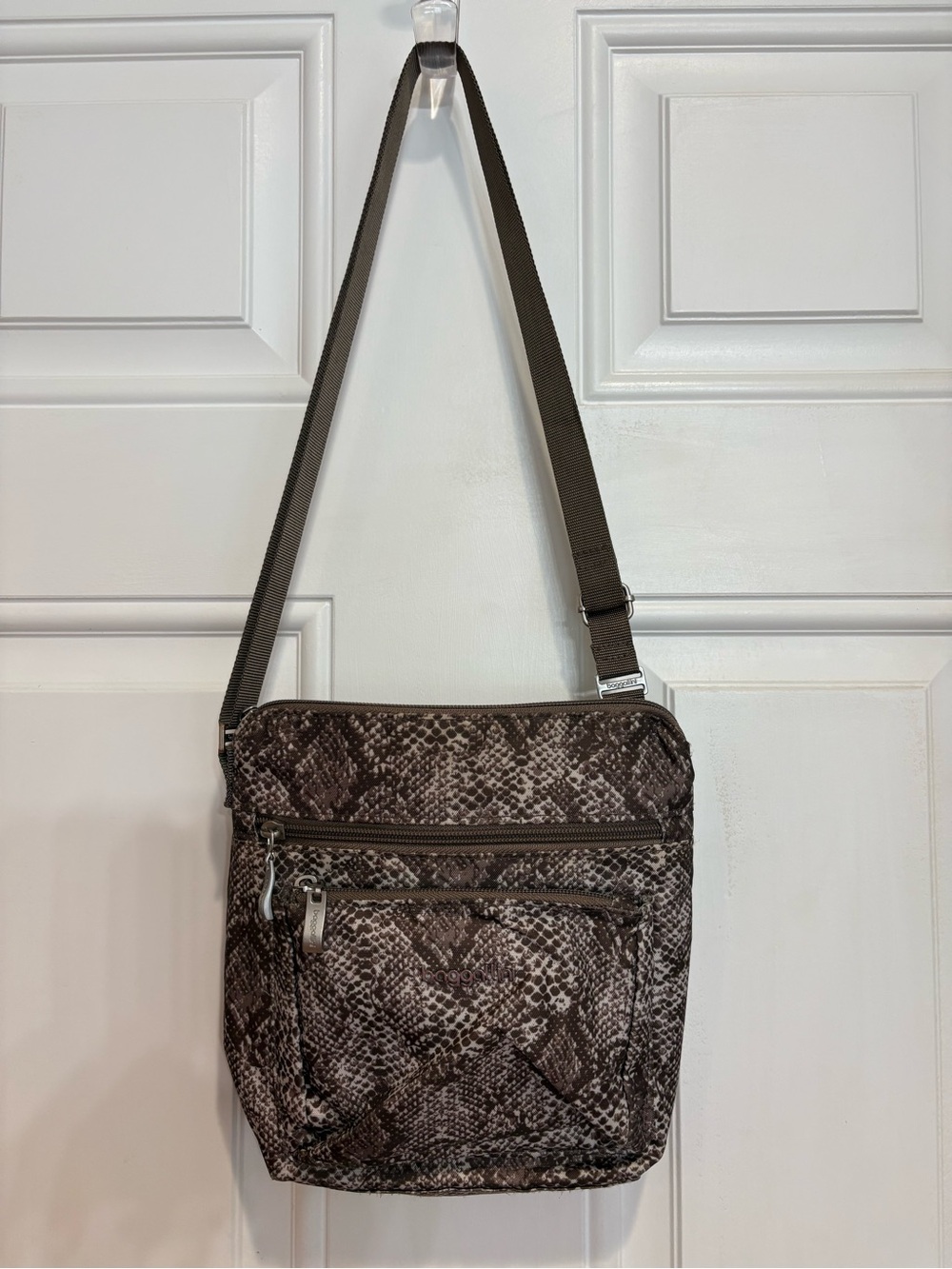 Baggallini Nylon Crossbody Bag, Brown & Tan Python Print, like new
